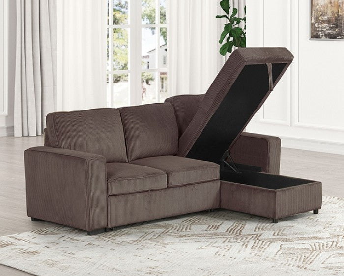 FM6964BR 2 pc Yves brown corduroy fabric sectional sofa set with reversible storage chaise pull out sleep area