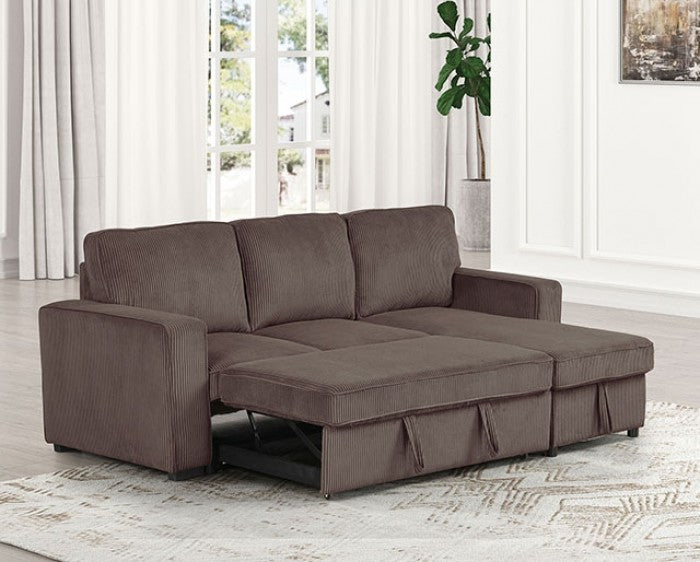 FM6964BR 2 pc Yves brown corduroy fabric sectional sofa set with reversible storage chaise pull out sleep area