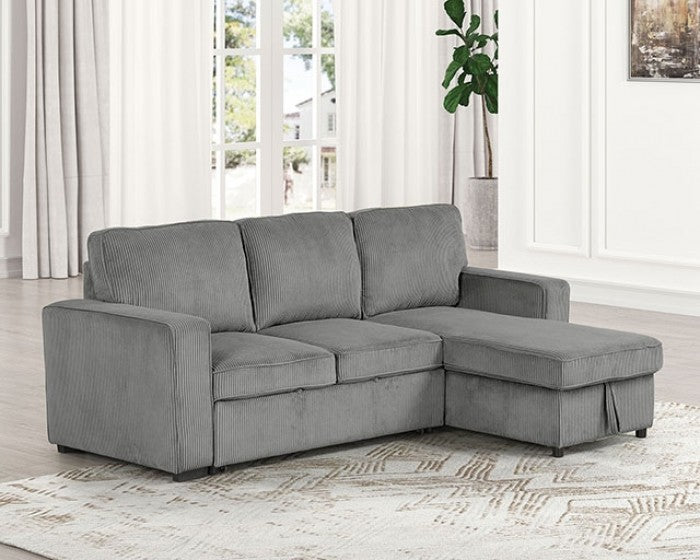 FM6964DG 2 pc Yves dark grey corduroy fabric sectional sofa set with reversible storage chaise pull out sleep area