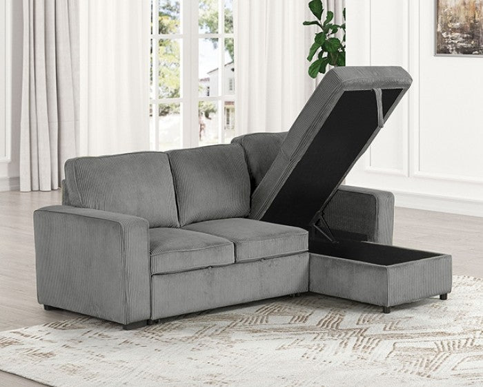 FM6964DG 2 pc Yves dark grey corduroy fabric sectional sofa set with reversible storage chaise pull out sleep area