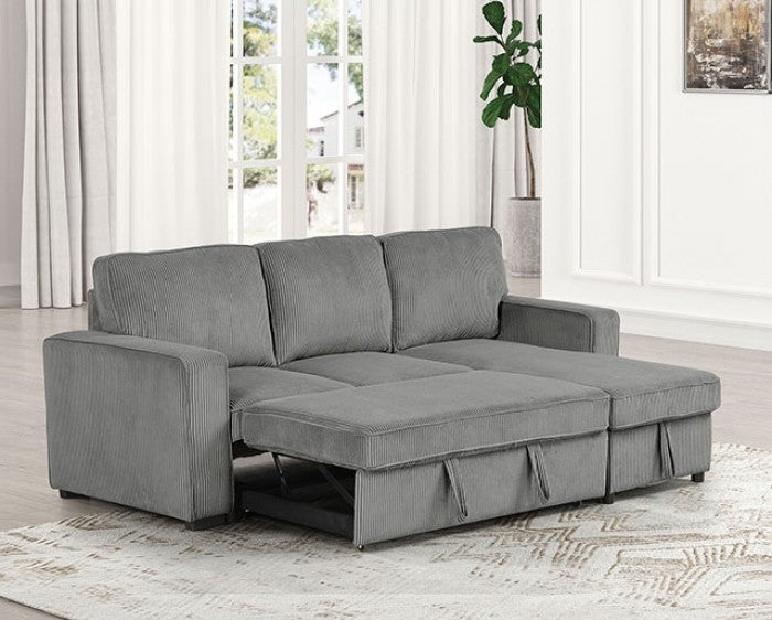FM6964DG 2 pc Yves dark grey corduroy fabric sectional sofa set with reversible storage chaise pull out sleep area