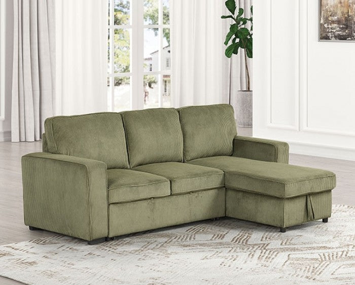 FM6964GR 2 pc Yves green corduroy fabric sectional sofa set with reversible storage chaise pull out sleep area