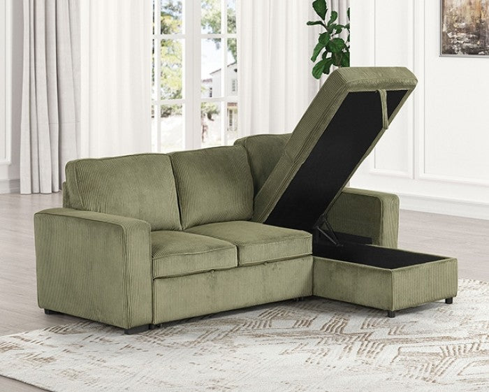 FM6964GR 2 pc Yves green corduroy fabric sectional sofa set with reversible storage chaise pull out sleep area