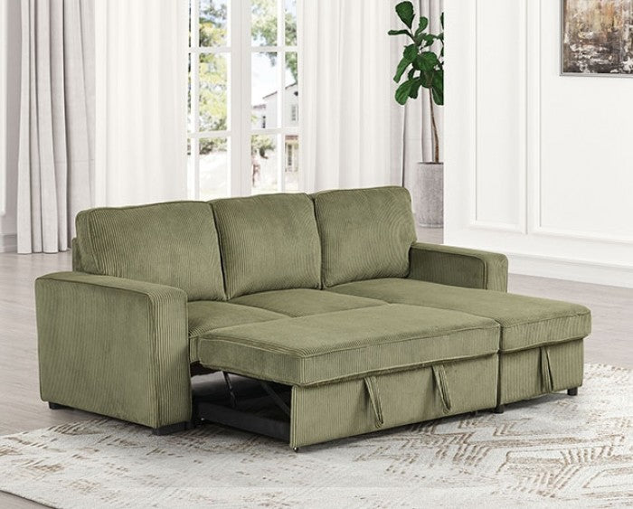 FM6964GR 2 pc Yves green corduroy fabric sectional sofa set with reversible storage chaise pull out sleep area