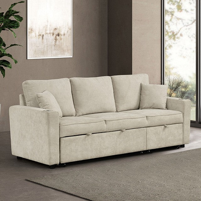 FM6965BG-SF Kendal beige chenille fabric sofa set with pull out chaise and pop up sleep area