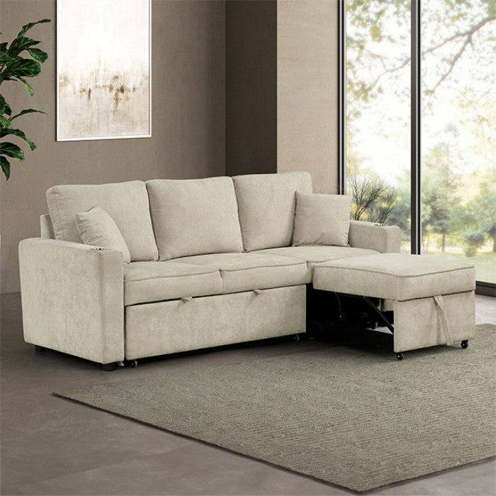 FM6965BG-SF Kendal beige chenille fabric sofa set with pull out chaise and pop up sleep area