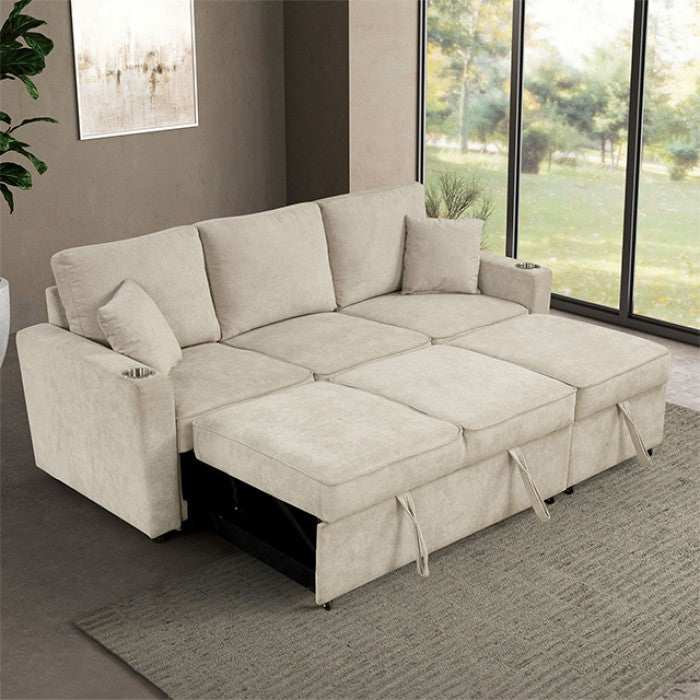 FM6965BG-SF Kendal beige chenille fabric sofa set with pull out chaise and pop up sleep area