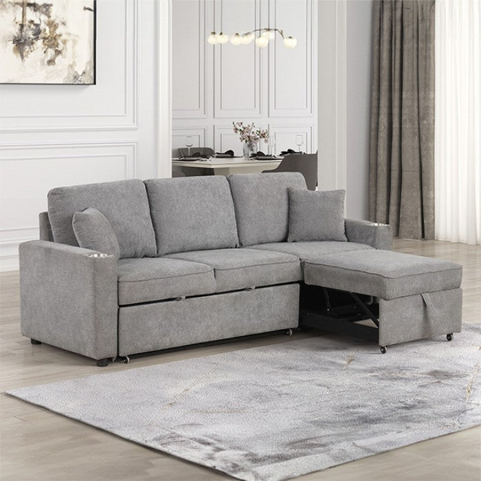 FM6965GY-SF Kendal grey chenille fabric sofa set with pull out chaise and pop up sleep area