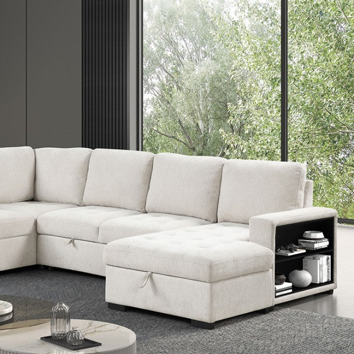 FM6966BG-SECT 3 pc Stockwell beige fabric sectional sofa set with storage chaise pop up sleep area and storage arms