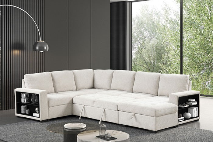 FM6966BG-SECT 3 pc Stockwell beige fabric sectional sofa set with storage chaise pop up sleep area and storage arms