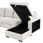 FM6966BG-SECT 3 pc Stockwell beige fabric sectional sofa set with storage chaise pop up sleep area and storage arms