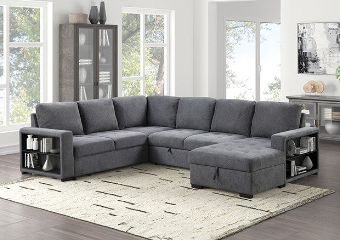 FM6966DG-SECT 3 pc Stockwell dark grey fabric sectional sofa set with storage chaise pop up sleep area and storage arms