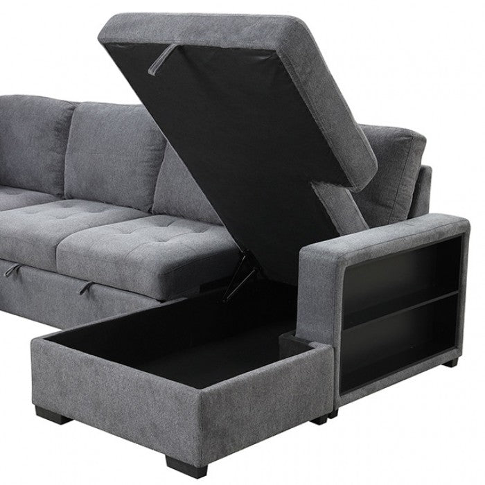 FM6966DG-SECT 3 pc Stockwell dark grey fabric sectional sofa set with storage chaise pop up sleep area and storage arms