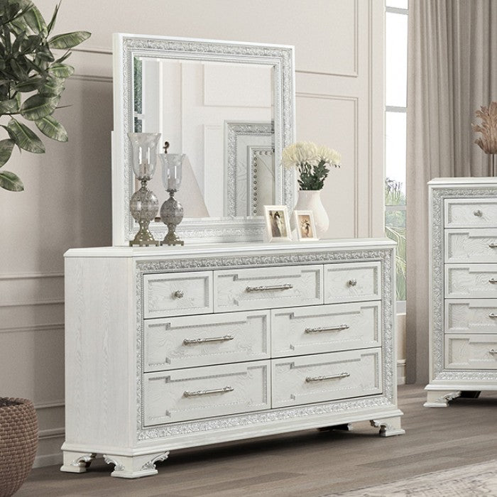 FM70000WH-W-4PC 4 pc Stella mia creamy white finish wood ash burl finish traditional queen bedroom set