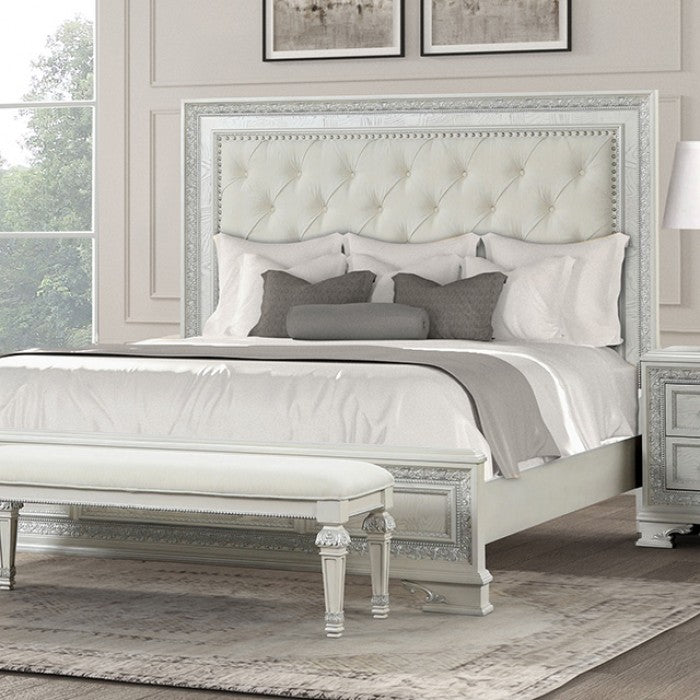 FM70000WH-F-4PC 4 pc Stella mia creamy white finish wood ash burl finish traditional queen bedroom set