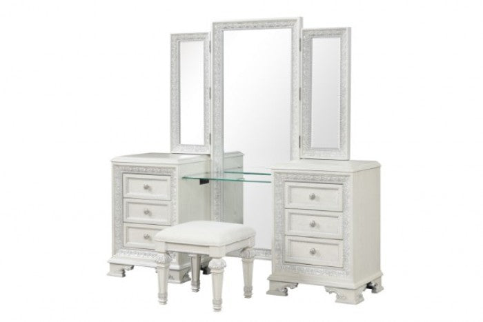 FM70000WH-V-SET 3 pc Stella mia creamy white finish wood ash burl finish bedroom vanity make up set USB plugs