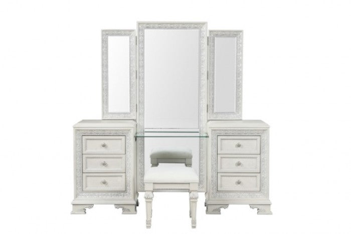 FM70000WH-V-SET 3 pc Stella mia creamy white finish wood ash burl finish bedroom vanity make up set USB plugs