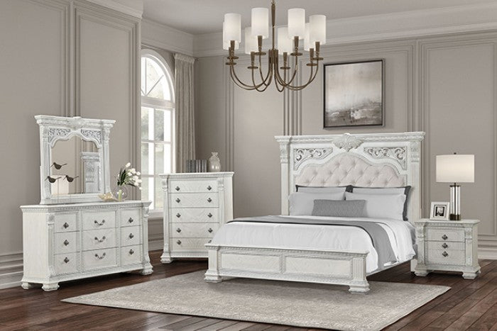 FM70001WH-4PC 4 pc Promenade wire brushed white finish wood button tufted fabric upholstered queen bedroom set