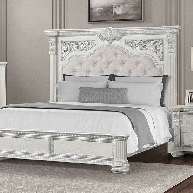 FM70001WH-4PC 4 pc Promenade wire brushed white finish wood button tufted fabric upholstered queen bedroom set