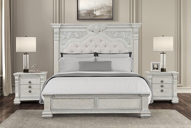 FM70001WH-4PC 4 pc Promenade wire brushed white finish wood button tufted fabric upholstered queen bedroom set