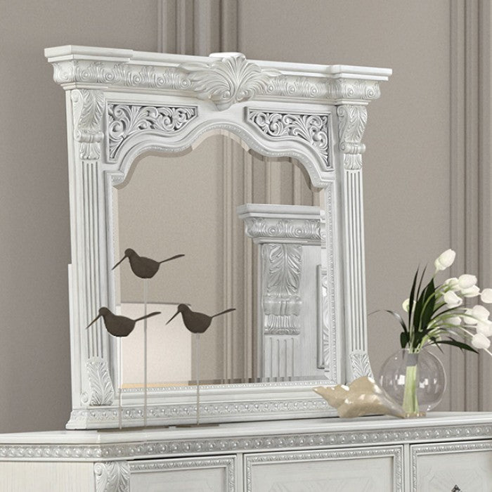 FM70001WH-4PC 4 pc Promenade wire brushed white finish wood button tufted fabric upholstered queen bedroom set