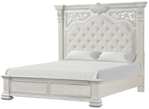 FM70001WH-4PC 4 pc Promenade wire brushed white finish wood button tufted fabric upholstered queen bedroom set