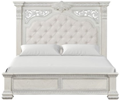 FM70001WH-4PC 4 pc Promenade wire brushed white finish wood button tufted fabric upholstered queen bedroom set