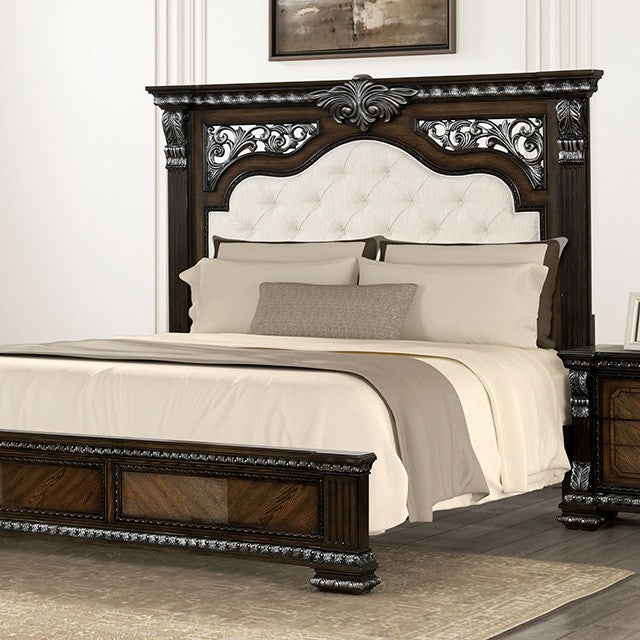 FM70002DB-4PC 4 pc Promenade espresso finish wood button tufted fabric upholstered queen bedroom set