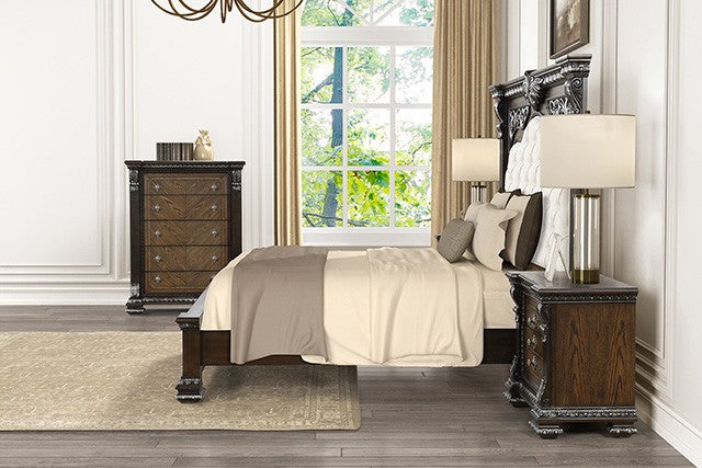 FM70002DB-4PC 4 pc Promenade espresso finish wood button tufted fabric upholstered queen bedroom set