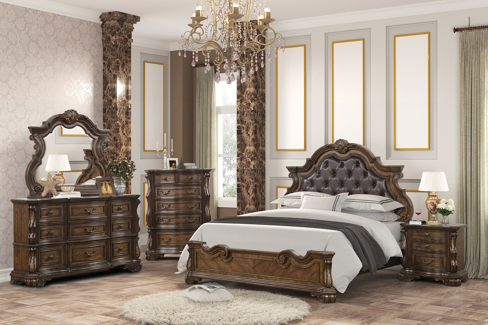 FM70003DB-F-4PC 4 pc Leovanni dark brown finish wood ornate tufted bombay headboard queen bedroom set