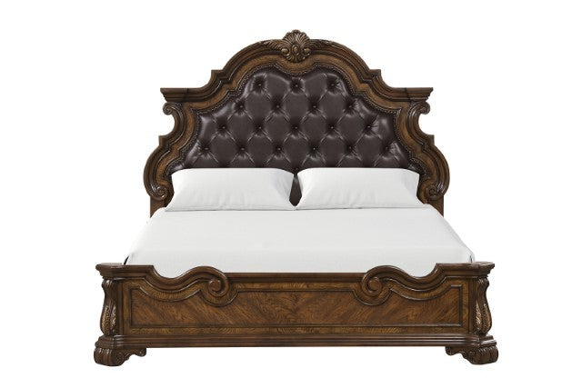 FM70003DB-F-4PC 4 pc Leovanni dark brown finish wood ornate tufted bombay headboard queen bedroom set