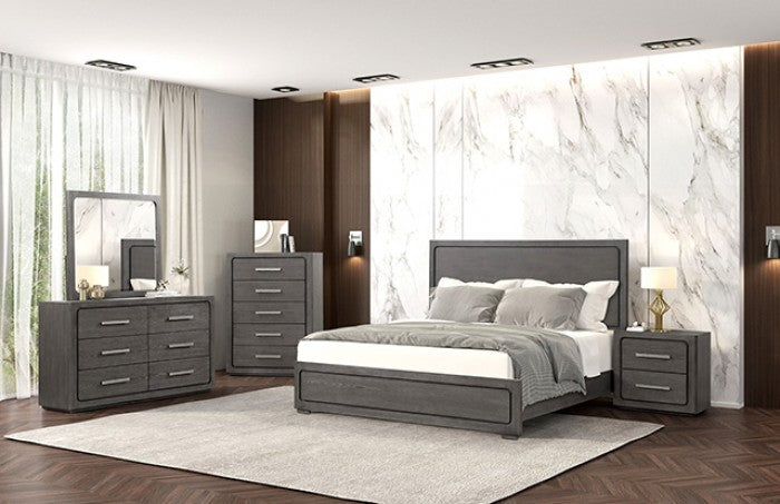 FM70100GY-4PC  4 pc Crowthorne grey finish wood panel headboard queen bed set USB plugs