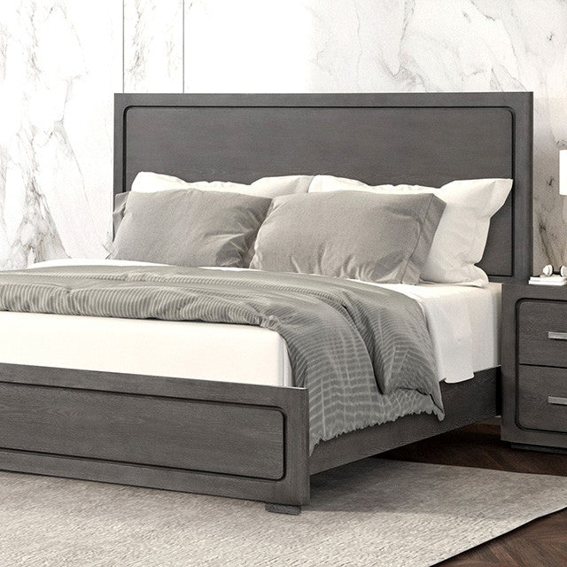 FM70100GY-4PC  4 pc Crowthorne grey finish wood panel headboard queen bed set USB plugs