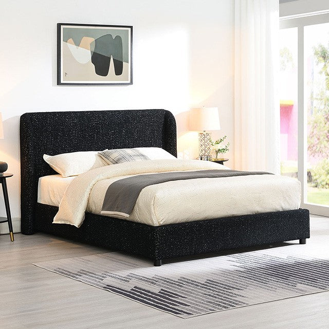 FM71003BK Laverni black boucle fabric upholstered winged back queen platform bed