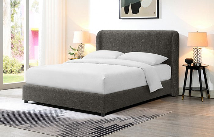 FM71003GY Laverni grey boucle fabric upholstered winged back queen platform bed