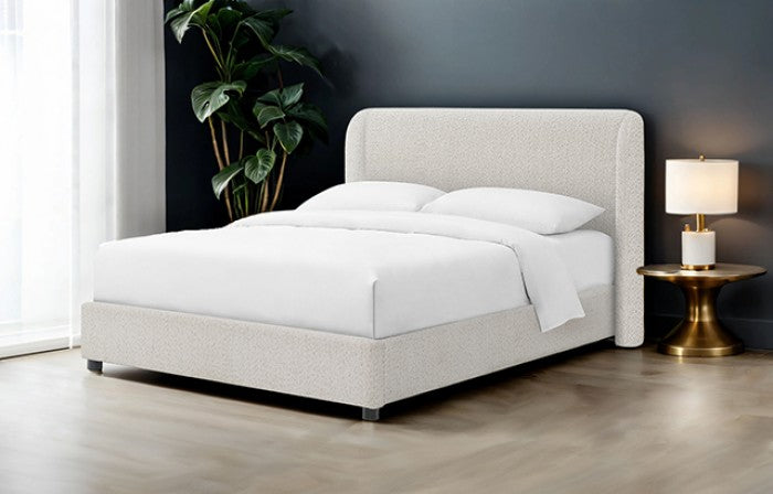 FM71003WH Laverni white boucle fabric upholstered winged back queen platform bed
