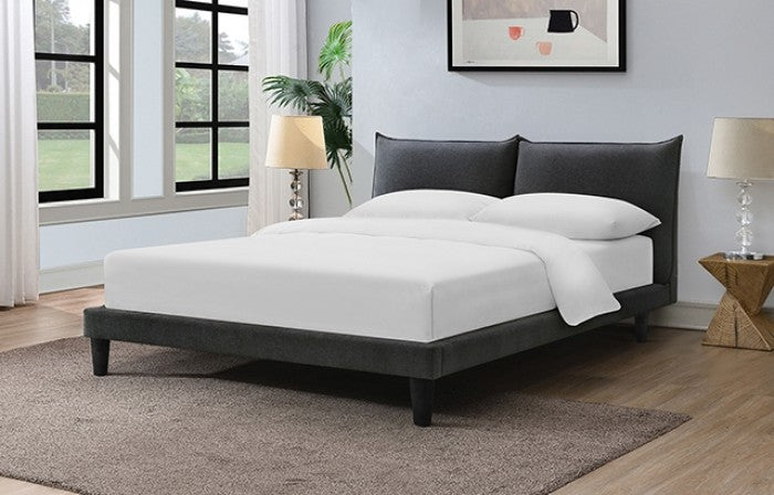 FM71004GY Verwood grey chenille fabric upholstered padded back queen platform bed