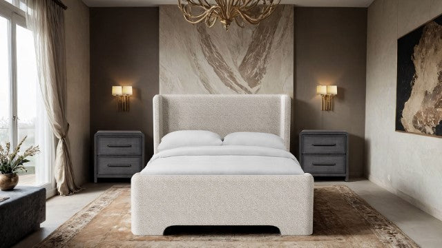 FM71007TP Malvern taupe chenille fabric upholstered queen platform bed