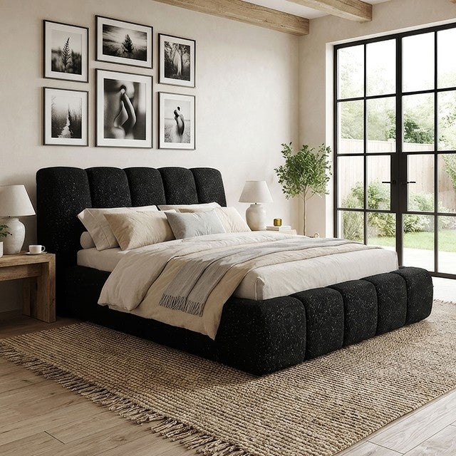 FM71009BK Grevan hematite black channel tufted fabric upholstered queen platform bed