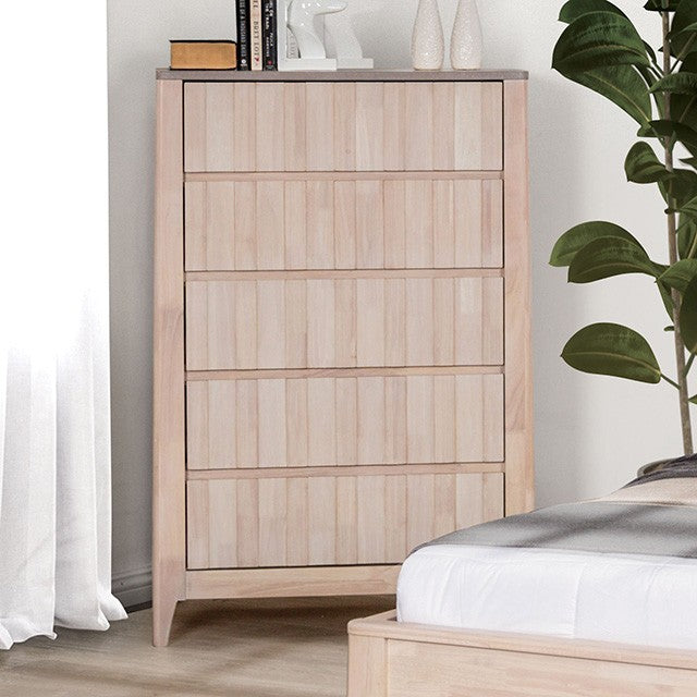 FM7105WH-3PC 3 pc Gervais white wash finish wood vertical reeding design queen bedroom set