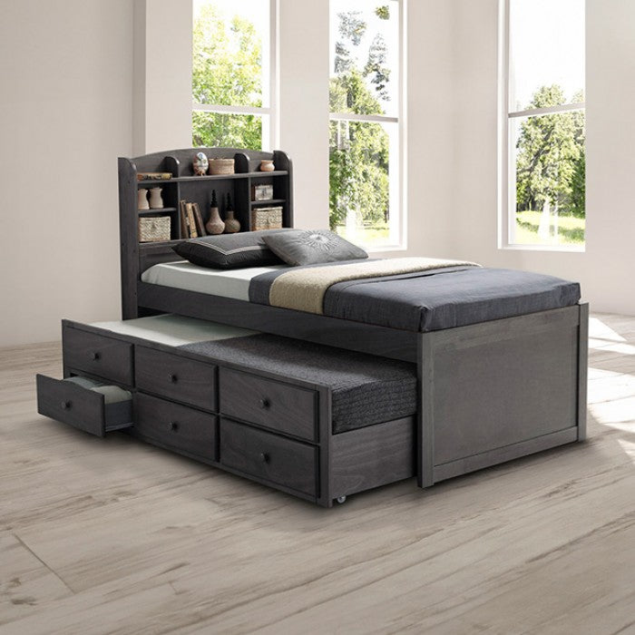 FM7106GY-T  Troutdale captains style gray finish wood twin size bed with storage trundle bed