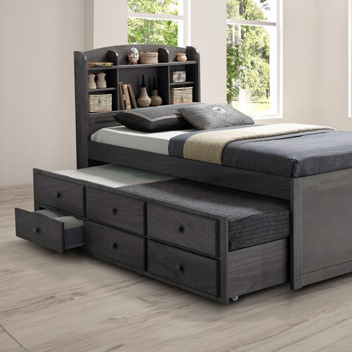 FM7106GY-T  Troutdale captains style gray finish wood twin size bed with storage trundle bed