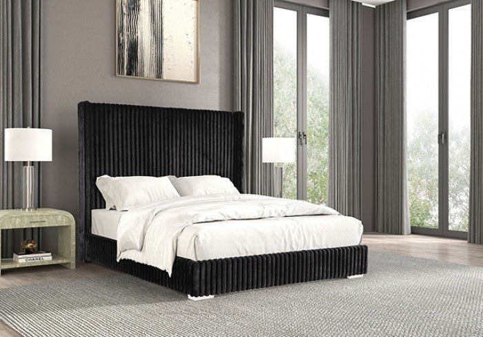 FM7120BK Etherea black fur like chenille fabric upholstered and tufted 68" H headboard queen bed