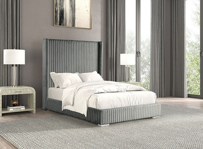 FM7120GY Etherea grey fur like chenille fabric upholstered and tufted 68" H headboard queen bed