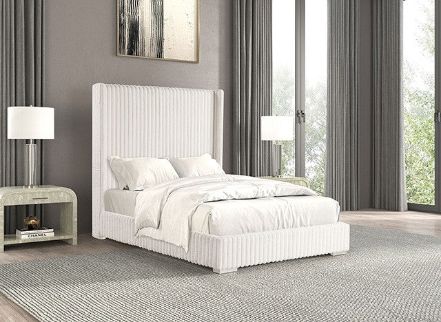 FM7120WH Etherea white fur like chenille fabric upholstered and tufted 68" H headboard queen bed