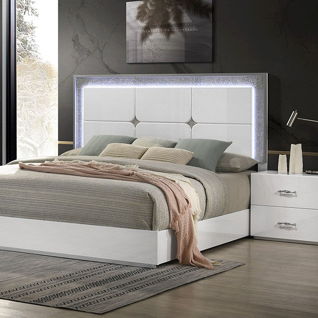 FM72000WH-Q Stoholm white high gloss finish wood LED headboard modern queen bed