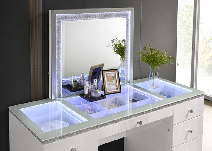 FM72000WH-V 2 pc Stoholm white high gloss finish wood bedroom vanity make up set LED lighted mirror glass top vanity