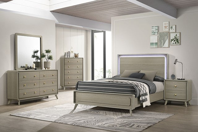 FM72002GY-4PC 4 pc Rainier light grey wood grain finish wood mid century modern LED headboard queen bedroom set