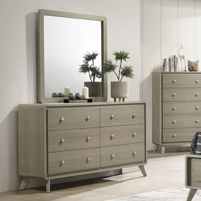 FM72002GY-U-4PC 4 pc Rainier light grey wood grain finish wood mid century modern upholstered LED headboard queen bedroom set