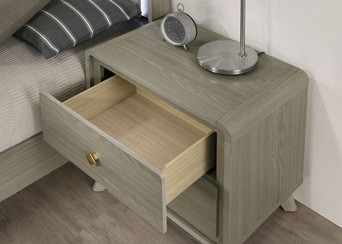FM72002GY-U-4PC 4 pc Rainier light grey wood grain finish wood mid century modern upholstered LED headboard queen bedroom set